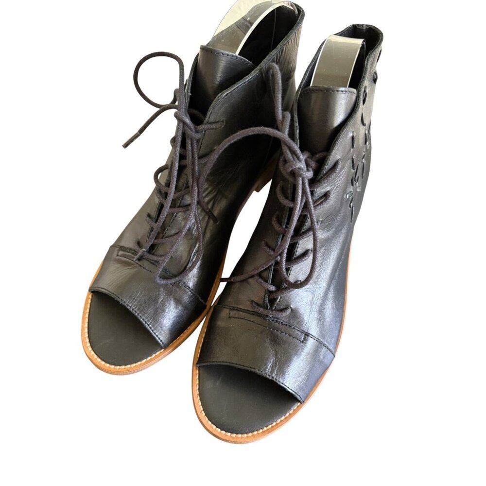 Coolway Leather Open-Toe Lace-Up Ankle Boots With Floral Cutouts Womens